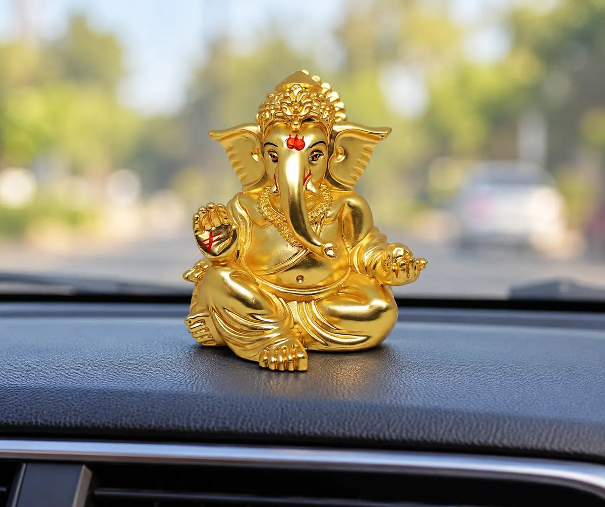Gold Art India Gaddi Ganesha Gold Plated Matte Finish Idol with Premium Peacock Green Velvet Gift Box
