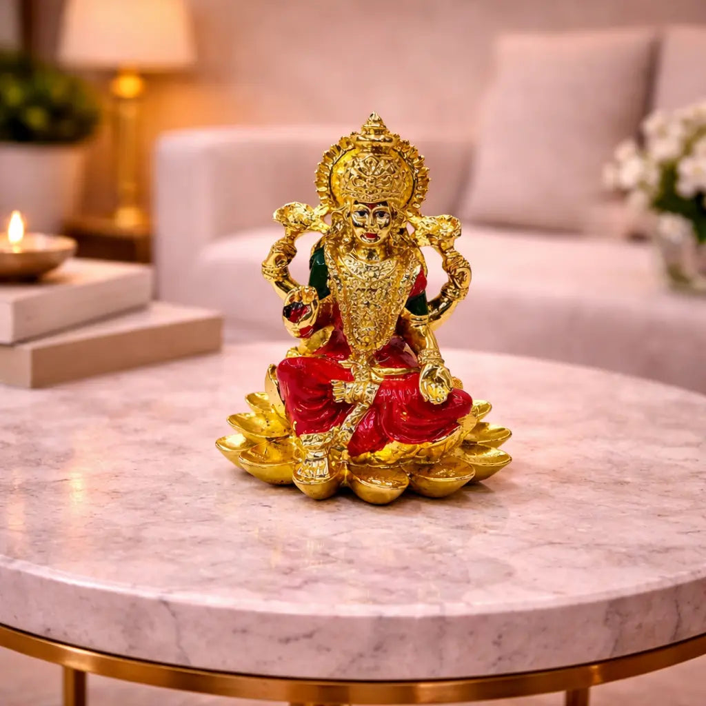 Kamal Laxmi Gold Plated Idol for Mandir | Orange Enamel Color Work with Gold Plated Coin 3.7 inch | Gold Art India