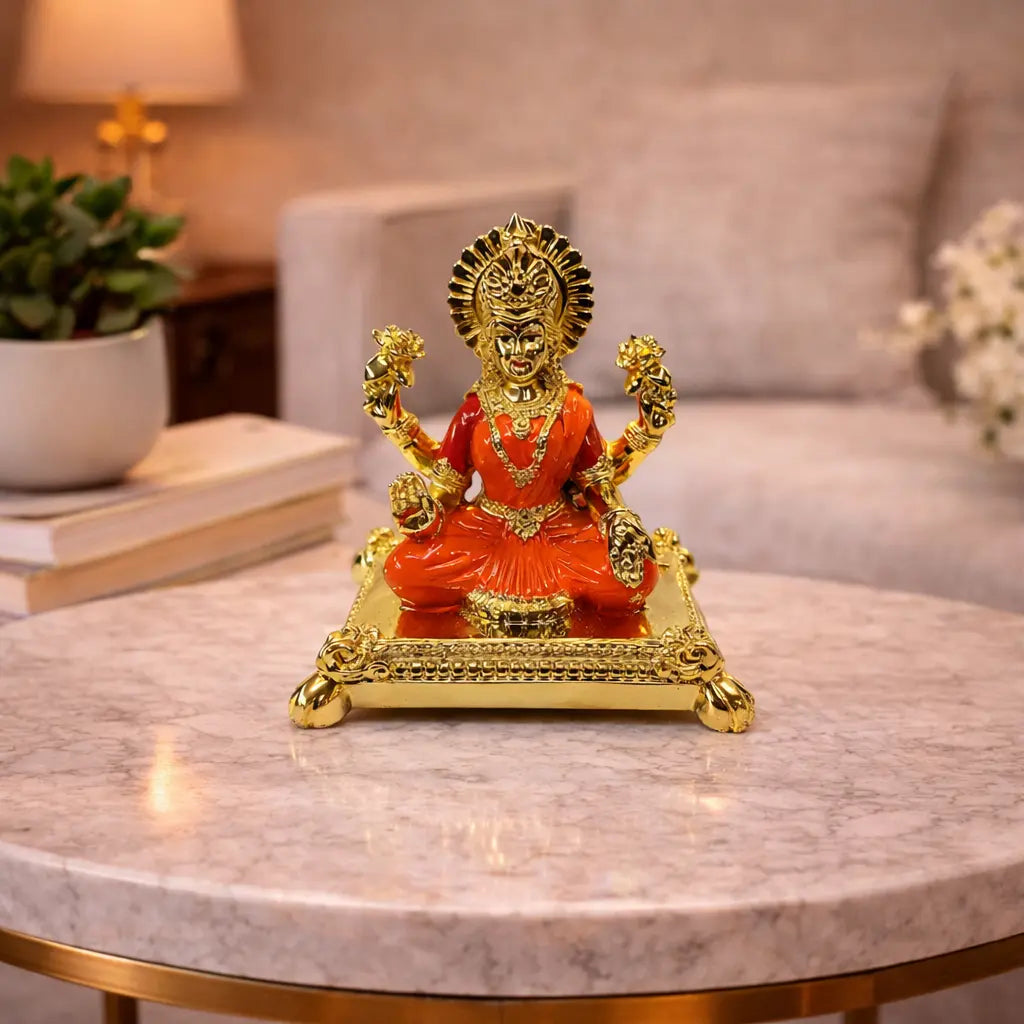 Pata Laxmi Gold Plated Idol for Mandir | Orange Enamel Color Work With Gold Plated Coin | Gold Art India