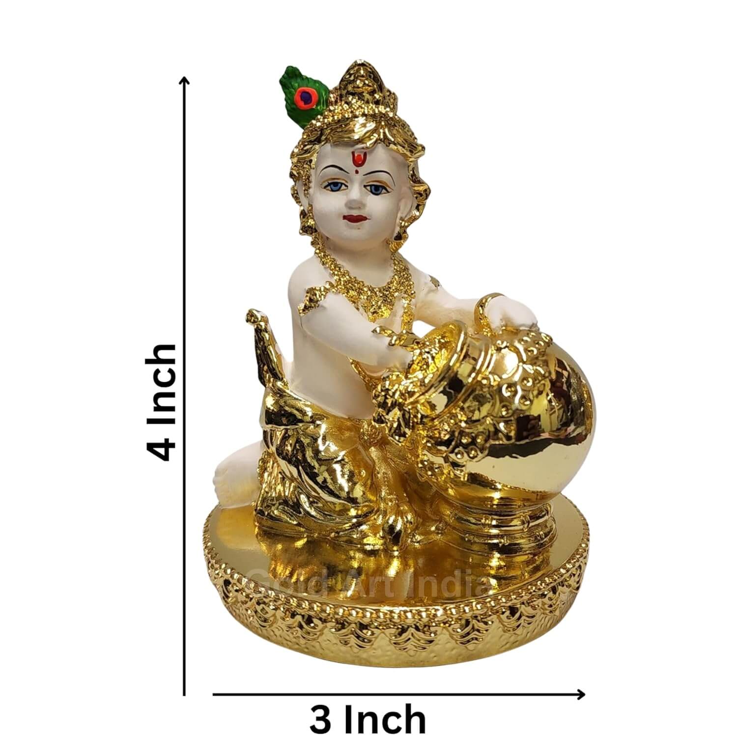 Goldplated_Off__White_Makhan_Krishna_idol sitting with a butter pot, size 4x 3 inches.