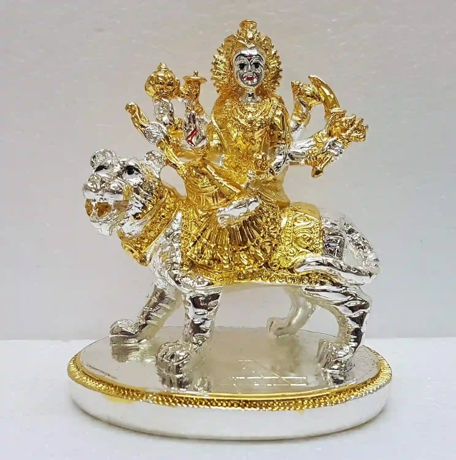 Handcrafted Ambe Mata Resin Idol, 5-inch multicolour deity seated on lion with trident and lotus, detailed resin finish | Gold Art India

