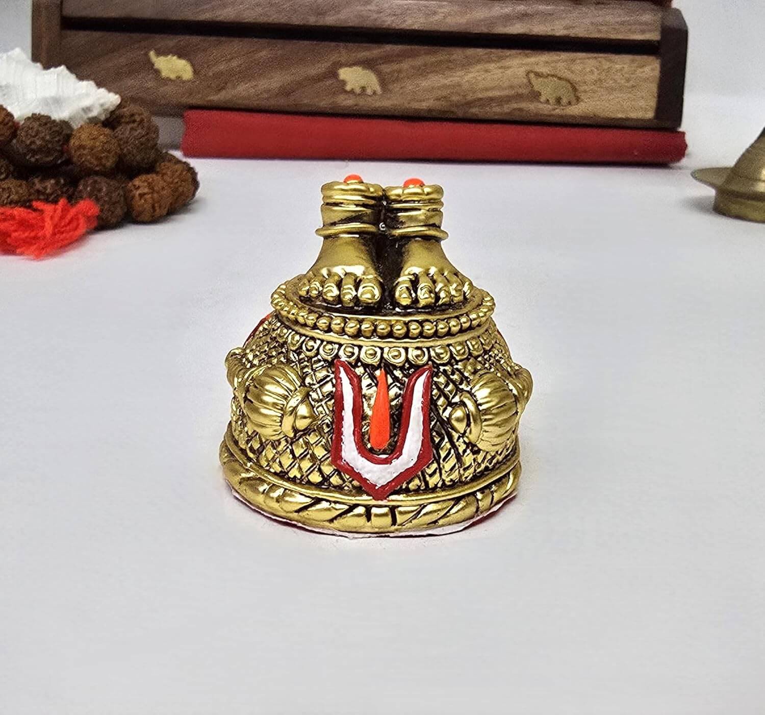 Gold-plated antique matte Hanuman Charan Paduka suitable for car dashboards, home mandirs, or gifting occasions