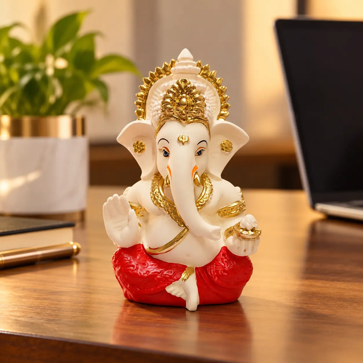 Gold Art India Lord Ganesha Idol with Golden Mukut | Peach Ivory Finish & Red Dhoti Ganpati Murti for Home Temple, Car Dashboard, Office Desk & Gifting (3.5 Inch)