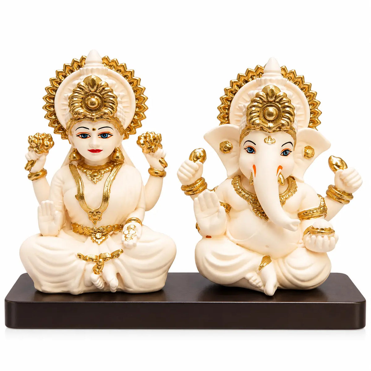 Ivory Lakshmi and Ganesha statues on black rectangular MDF base