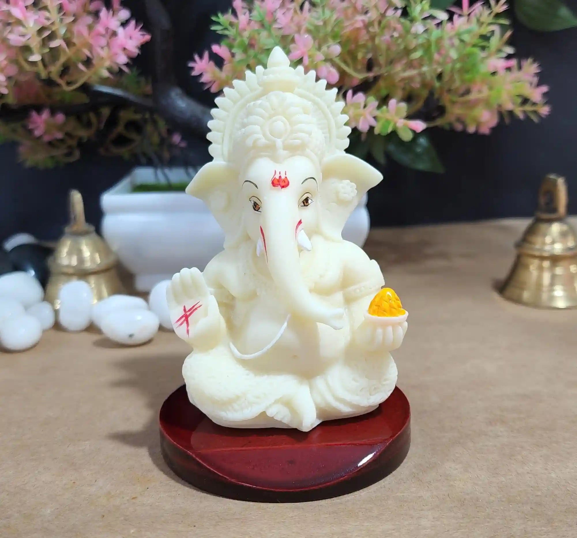 Ivory Finish Ganesh Idol on Wooden Base – Handcrafted Statue by Gold Art India, 3.5 Inch Height, Ideal for Home Décor & Puja.