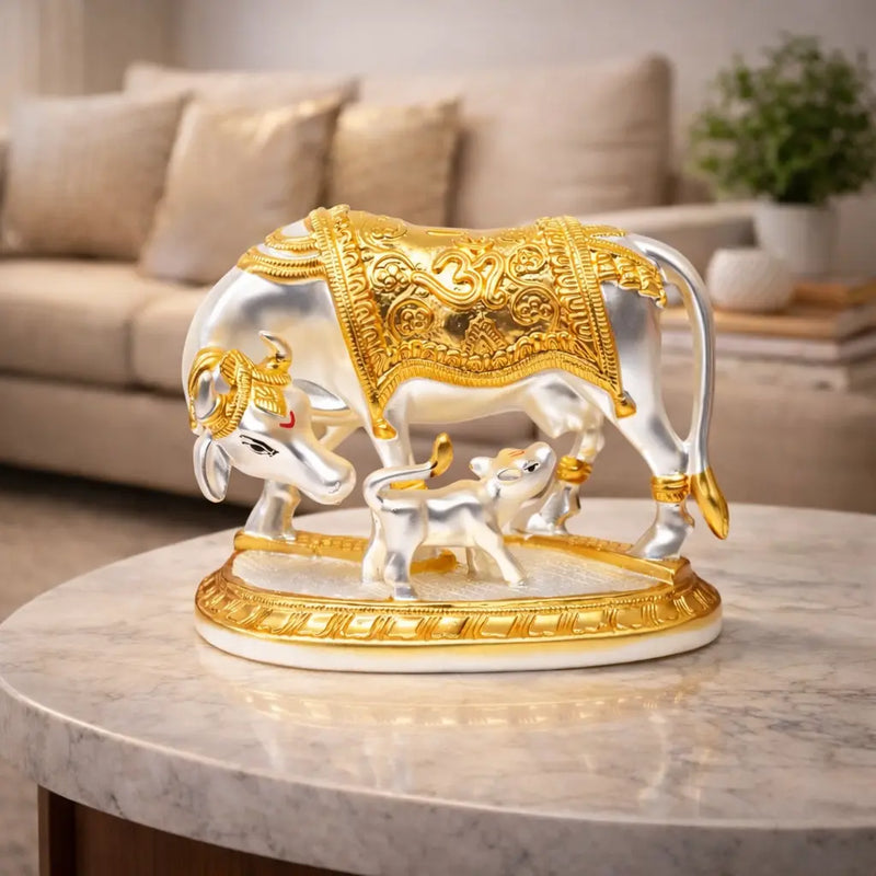 Kamdhenu Cow & Calf Idol – Gold & Silver Plated for Vastu & Home Decor
