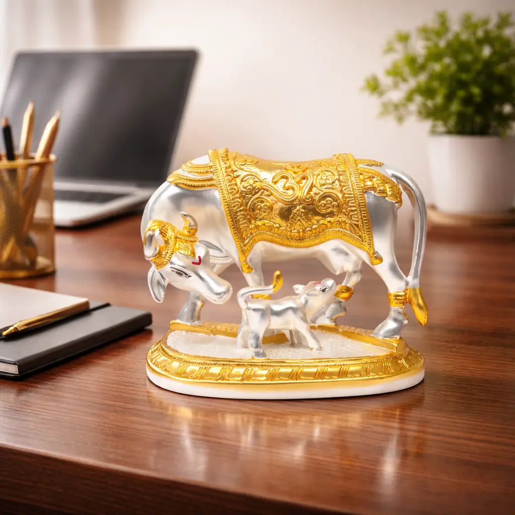 Kamdhenu Cow & Calf Idol – Gold & Silver Plated for Vastu & Home Decor 4.5 inch | Gold art india