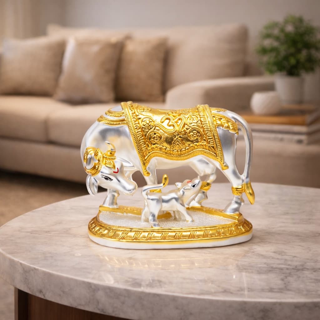 Kamdhenu Cow & Calf Idol – Gold & Silver Plated for Vastu & Home Decor 4.5 inch | Gold art india