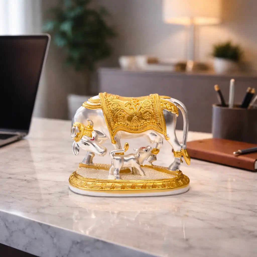 Kamdhenu Cow & Calf Idol – Gold & Silver Plated for Vastu & Home Decor 3 inch | Gold art india