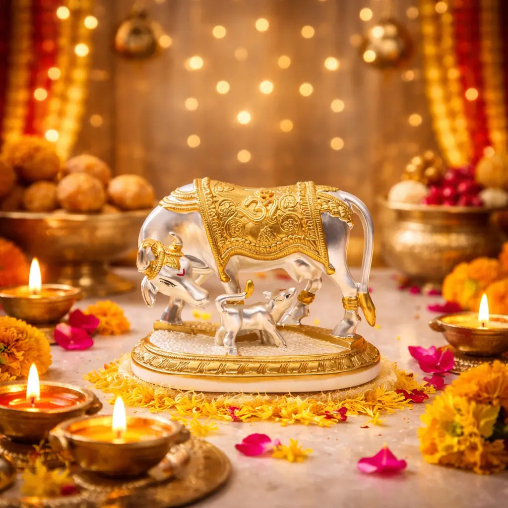 Kamdhenu Cow & Calf Idol – Gold & Silver Plated for Vastu & Home Decor 3 inch | Gold art india