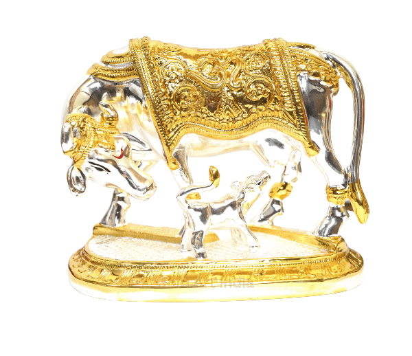 Elegant silver and gold Plated Kamadhenu cow and calf idol with intricate detailing, symbolizing prosperity and spiritual blessings. Perfect for home decor, puja rituals, and gifting