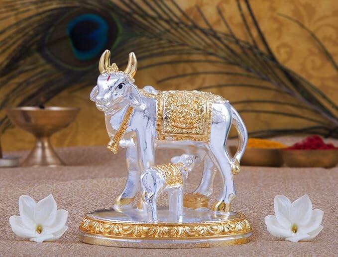 Gold Art India Kamadhenu cow and calf idol in gold and silver Plated, perfect for puja, decor, and gifting