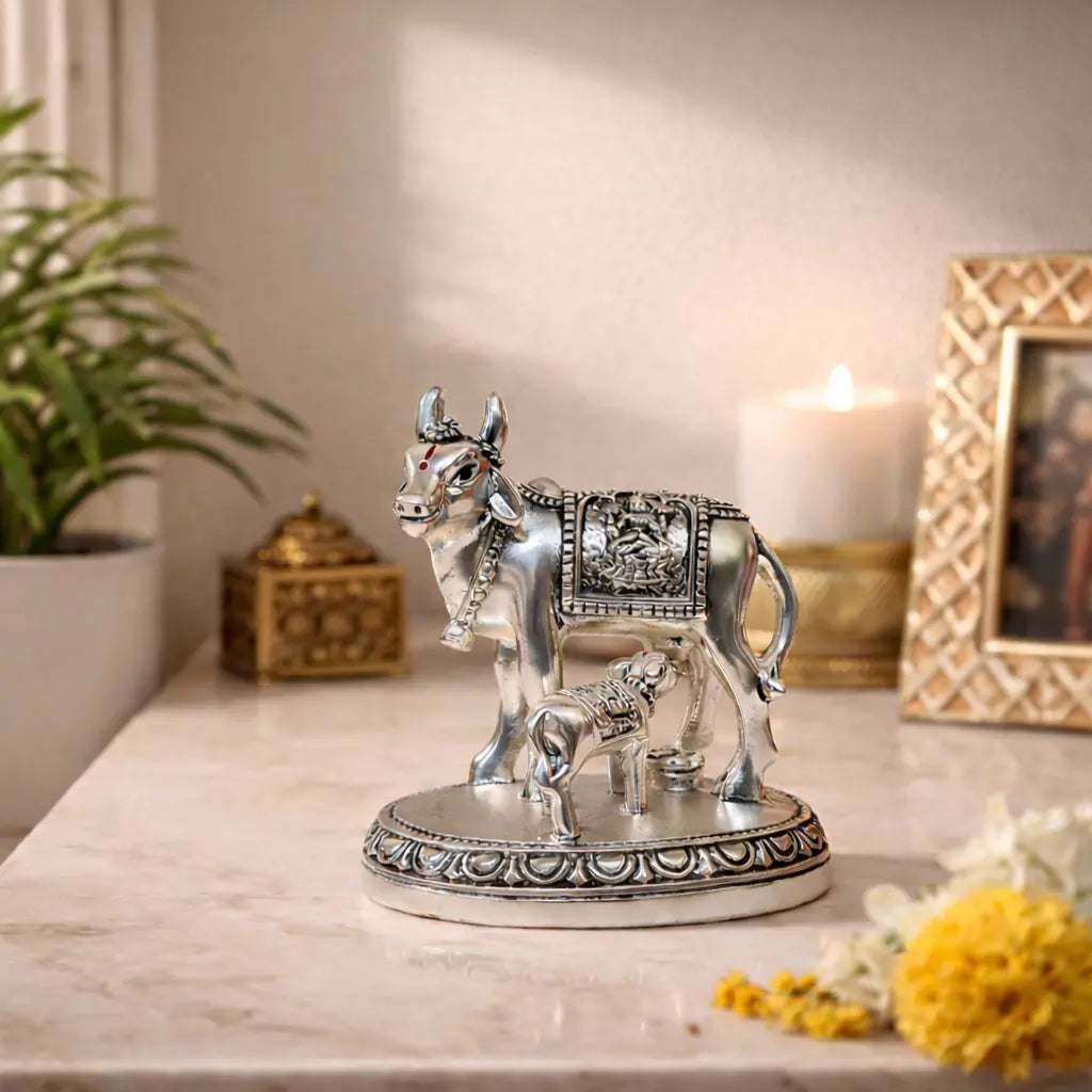 Kamdhenu Cow and Calf Idol – Silver Matte Finish (3 x 3 Inch)