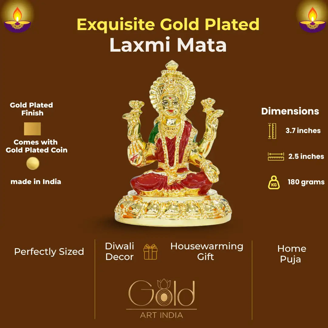 Gold Plated Laxmi Mata Idol for Mandir | Red Enamel Color Work With Gold Plated Coin 3.7 inch | Gold Art India