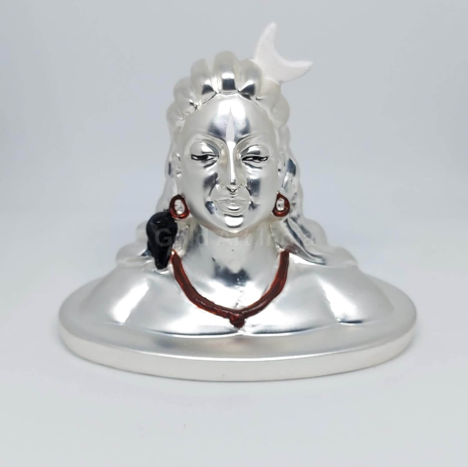 A stunning silver-plated Adiyogi bust with a sleek metallic finish, intricate facial details, and a serene expression, perfect for home or spiritual decor.