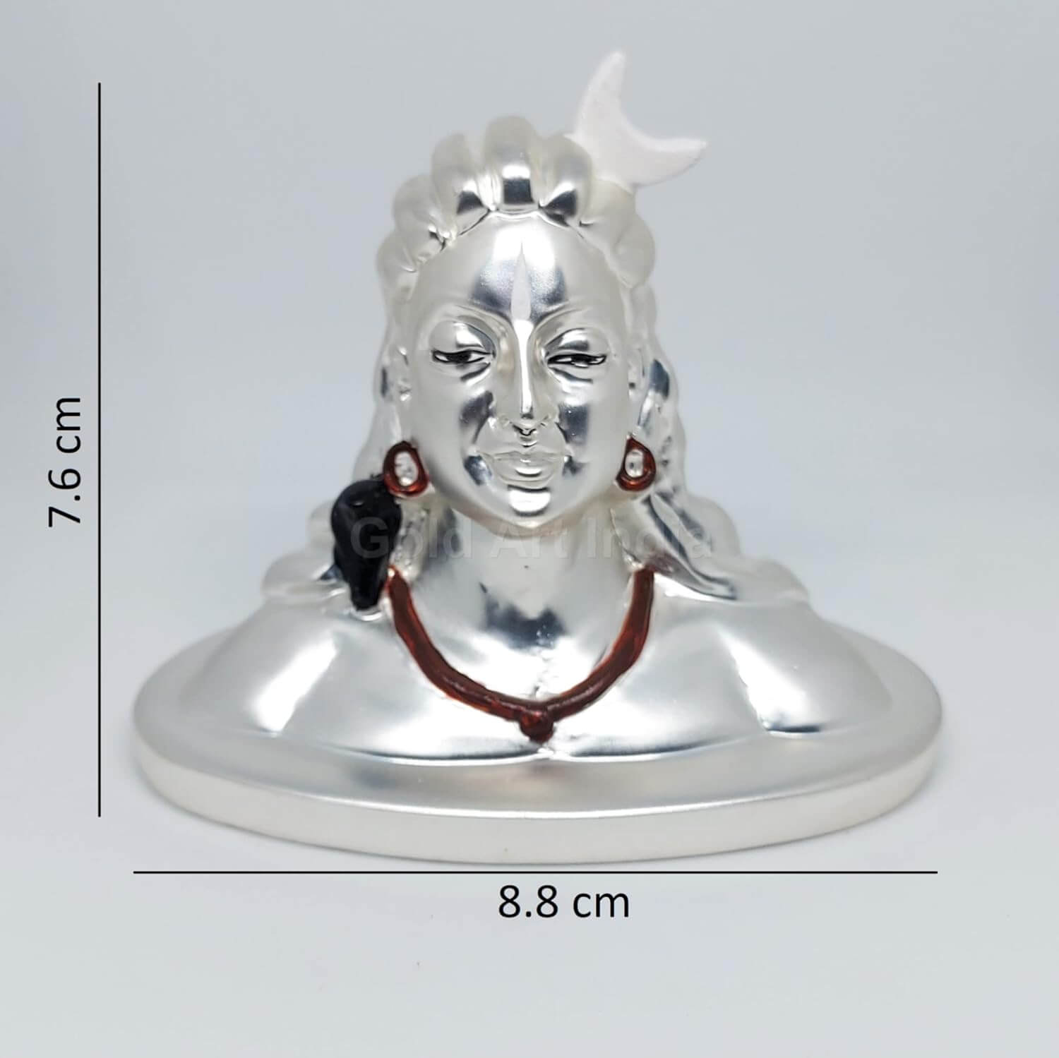 A stunning silver-plated Adiyogi bust with a sleek metallic finish, intricate facial details, and a serene expression, perfect for home or spiritual decor. 