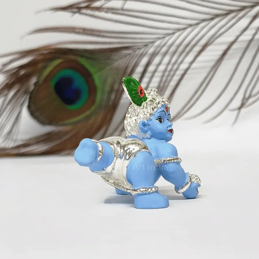 Lord Krishna Blue Idol With Silver Plating – Side Angle

