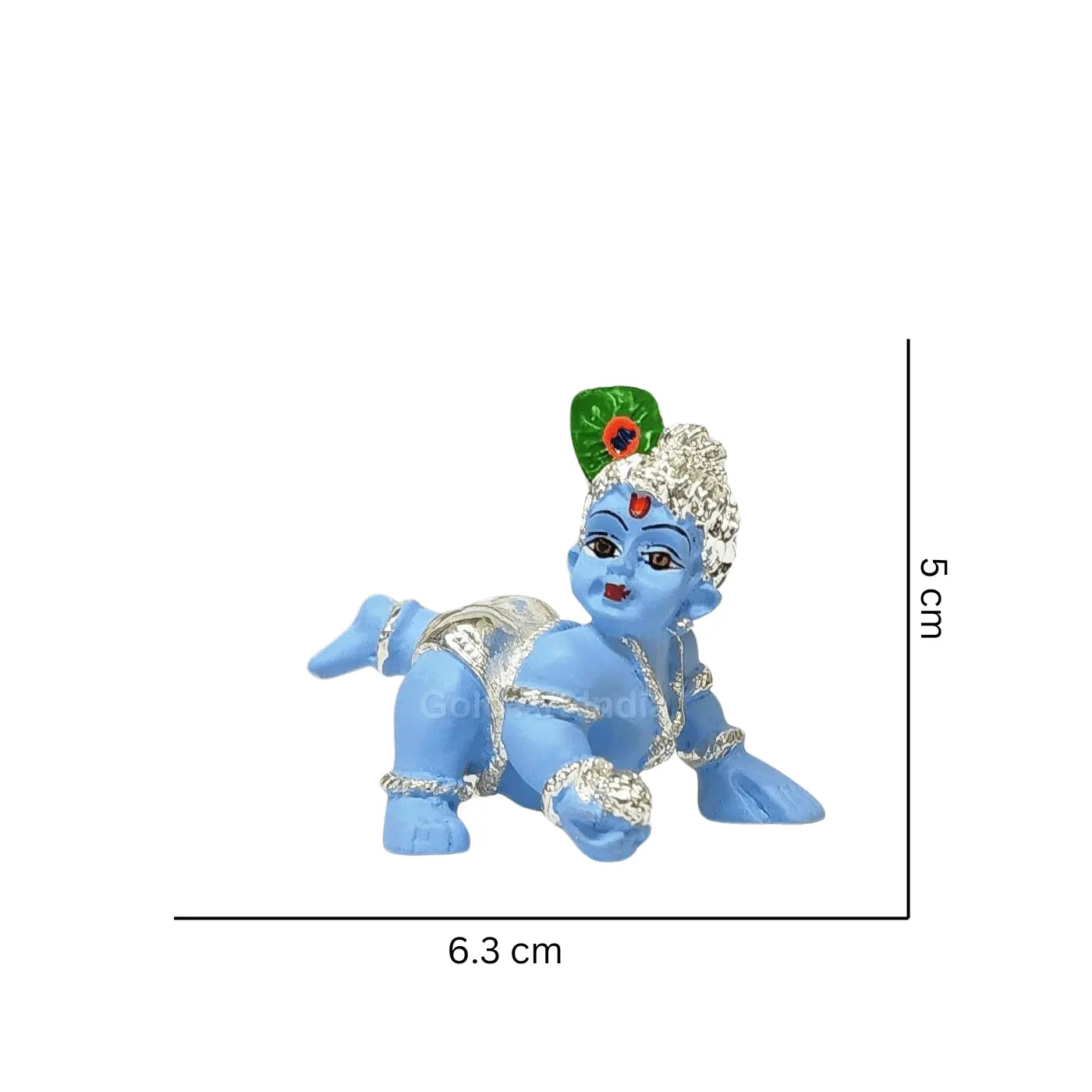 baby Krishna idol with dimensions marked as 6.3 cm in width and 5 cm in height. The idol is in a crawling position with intricate silver detailing.