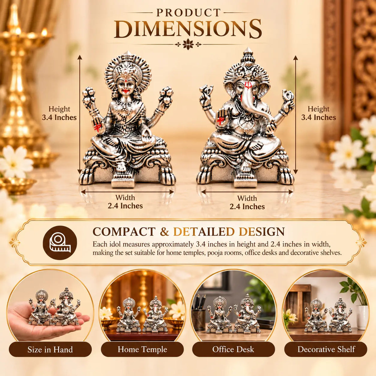 Gold Art India Peeth Lakshmi Ganesha Idol Set with Premium Velvet Gift Box | Silver Antique Matte Laxmi Ganesh Murti for Home Temple, Office Desk, Diwali Puja & Spiritual Gifting (3.4 Inch)