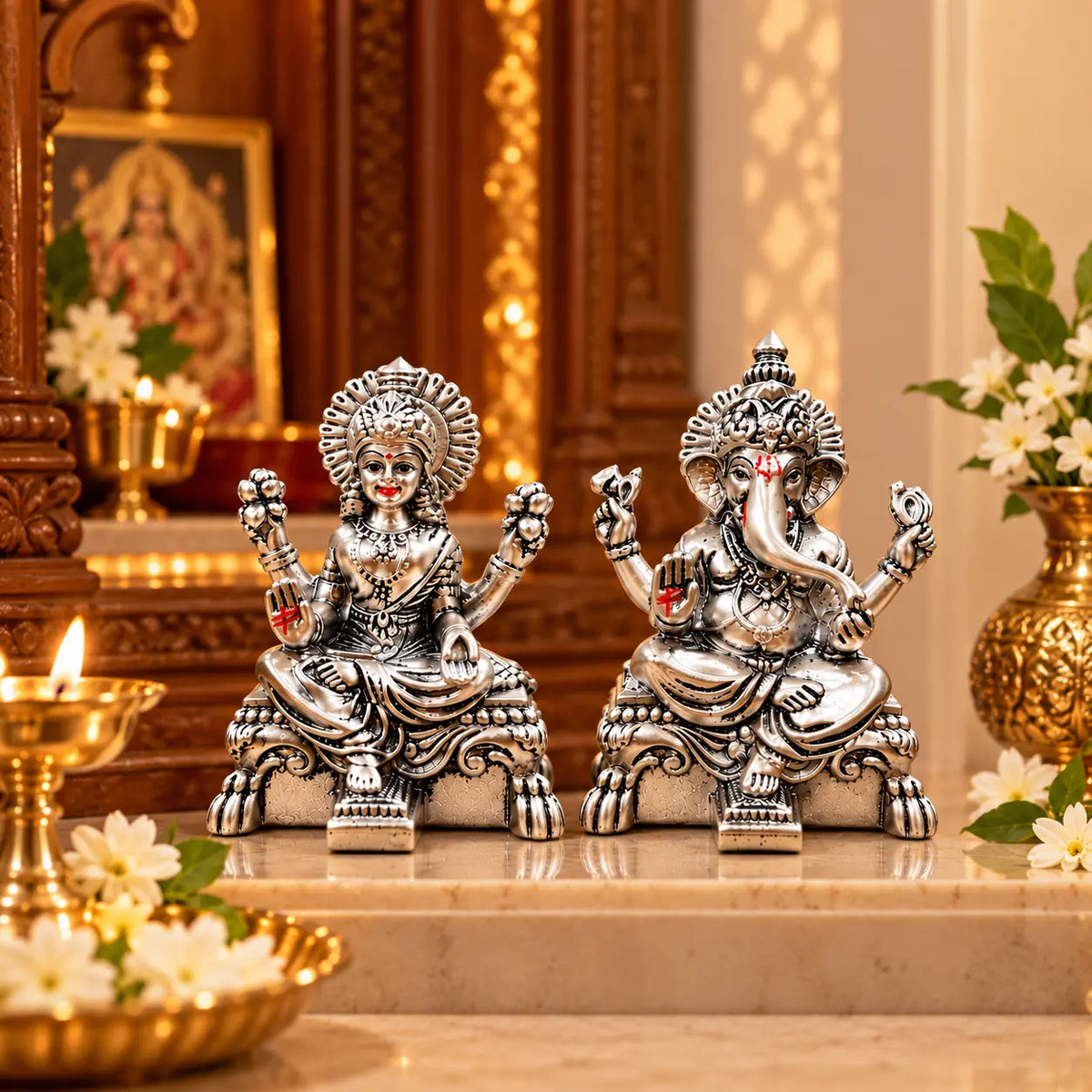 Gold Art India Peeth Lakshmi Ganesha Idol Set with Premium Velvet Gift Box | Silver Antique Matte Laxmi Ganesh Murti for Home Temple, Office Desk, Diwali Puja & Spiritual Gifting (3.4 Inch)