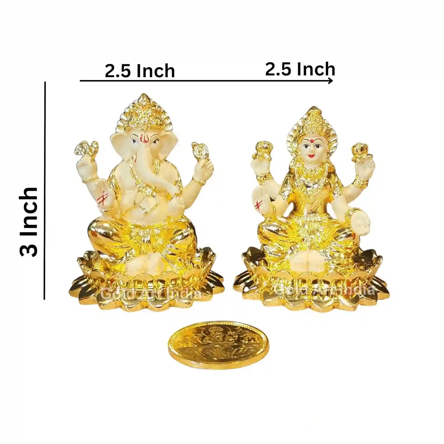 Dimensions of Lakshmi Ganesh Idol Set – 3 inch height, 2.5 inch width, gold-plated with terracotta base
