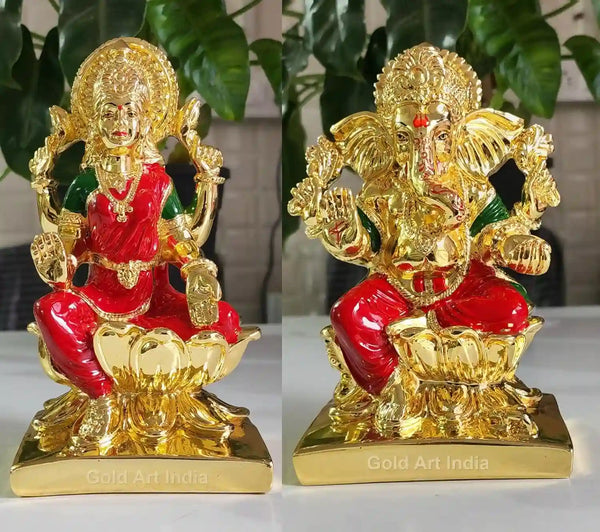 Gold Plated Laxmi and Ganesha Set with Enamel Work  7-Inch | Gold Art India