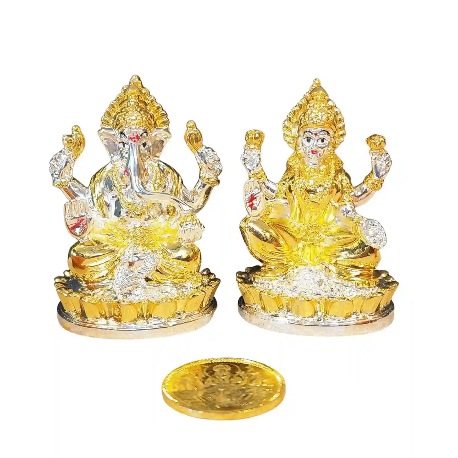 Handcrafted Lakshmi & Ganesha Idol Set in Two-Tone Silver & Gold Plating with Coin, elegant detailing 