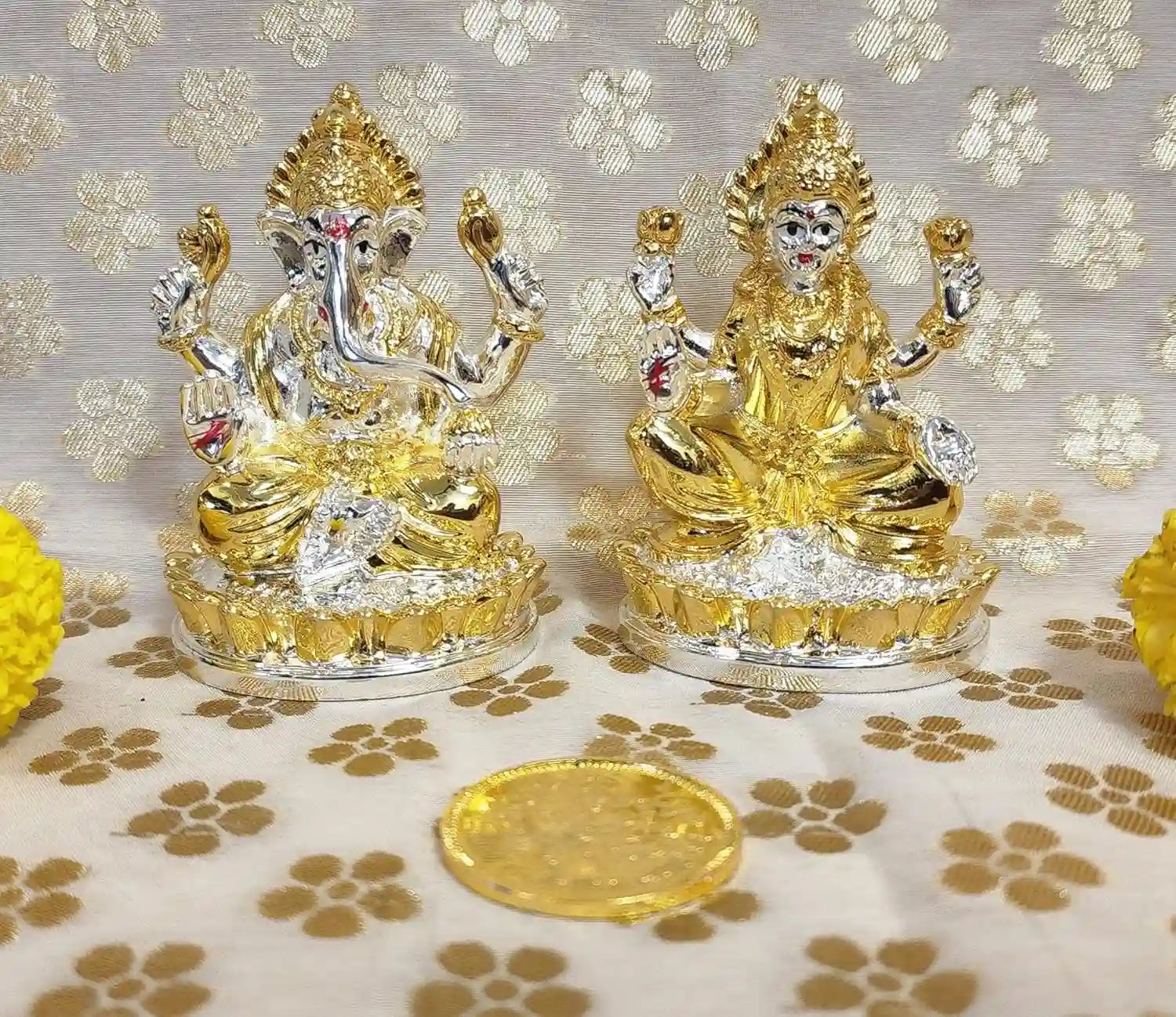 Lakshmi & Ganesha Two-Tone Idol Set with Gold-Plated Coin, spiritual gifting collection 