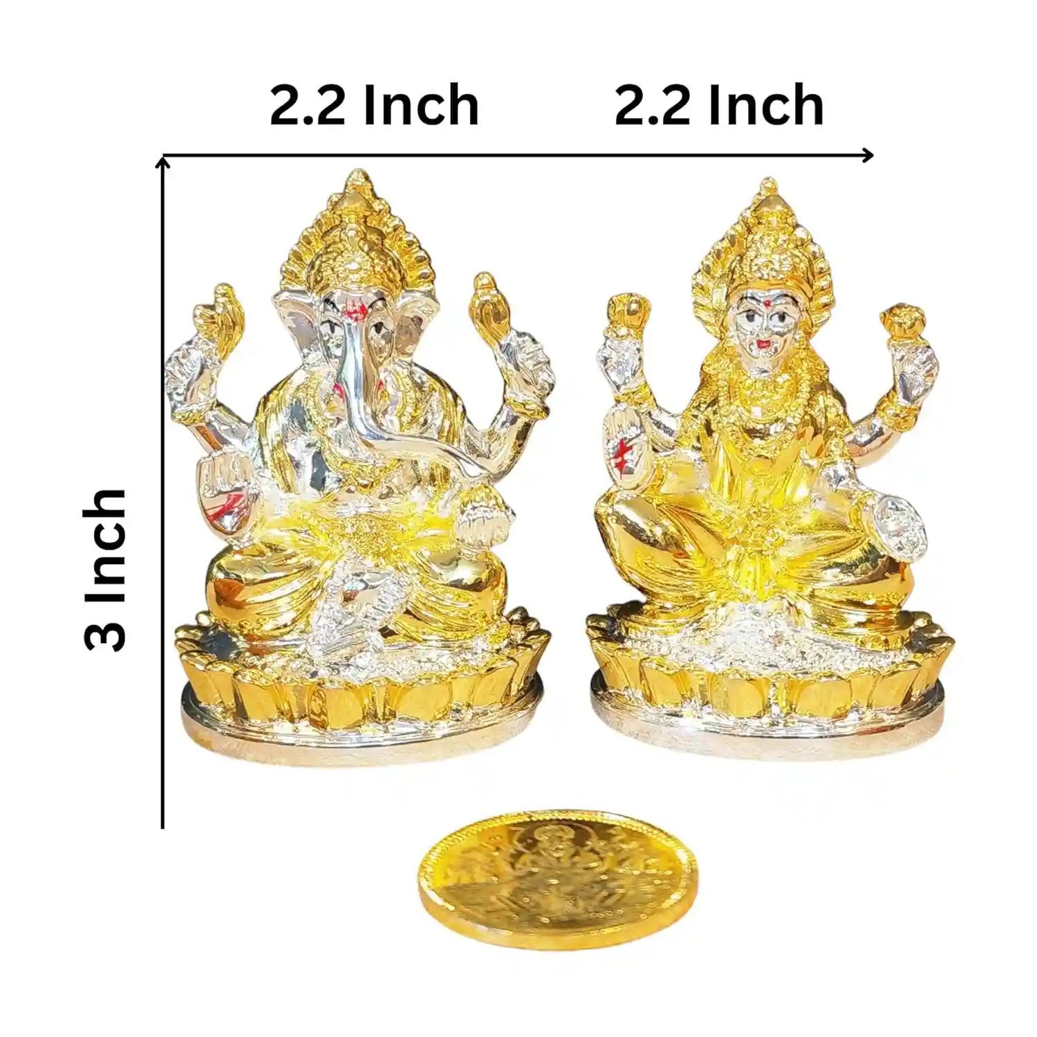 Lakshmi & Ganesha Two-Tone Idol Set with Gold-Plated Coin, size 3H × 2.2W inches, compact handcrafted idols 