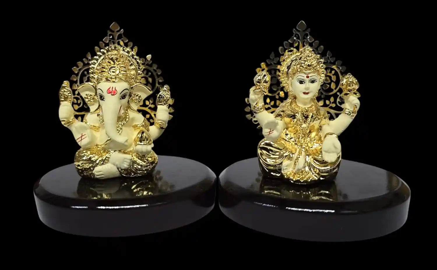 Gold-plated Lakshmi Idol with off-white terracotta detailing on oval MDF base, 3.3-inch handcrafted statue 