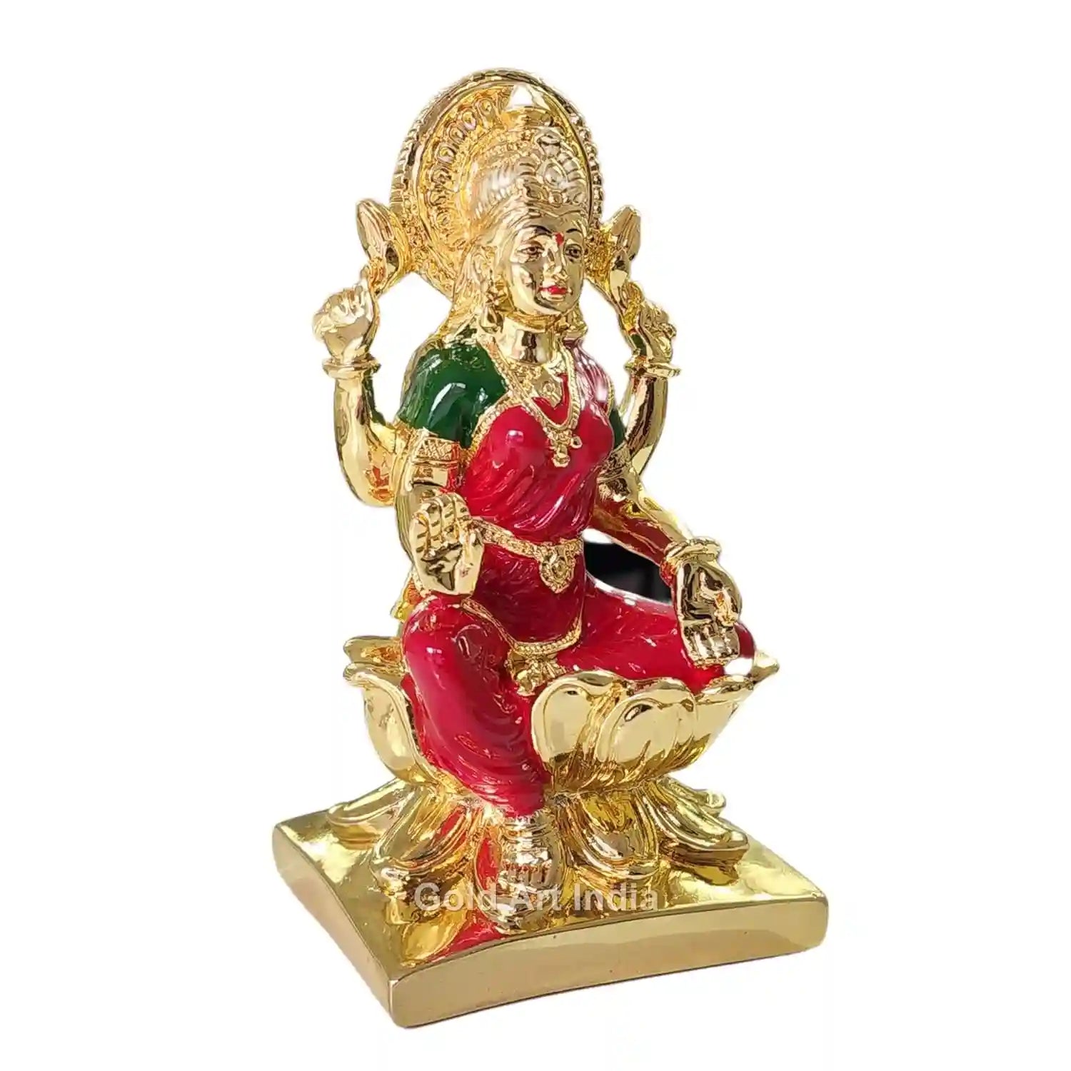 Angled side view of handcrafted 7-inch Gold Plated Lakshmi Statue with vibrant red enamel attire | Gold Art India
