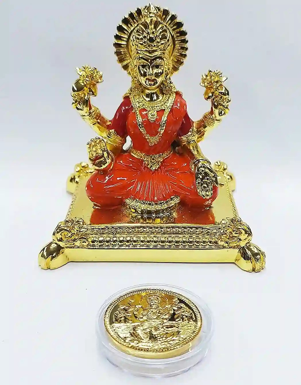 Front view of Lakshmi Maa Idol silver plated with orange & red enamel, paired with gold-plated coin – 3.7 × 2.5inch 