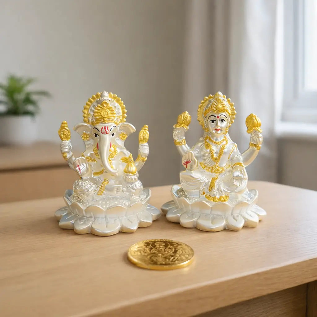 Silver-Plated Laxmi Ganesh Idol with Golden Detailing & Coin – 2.8 Inch