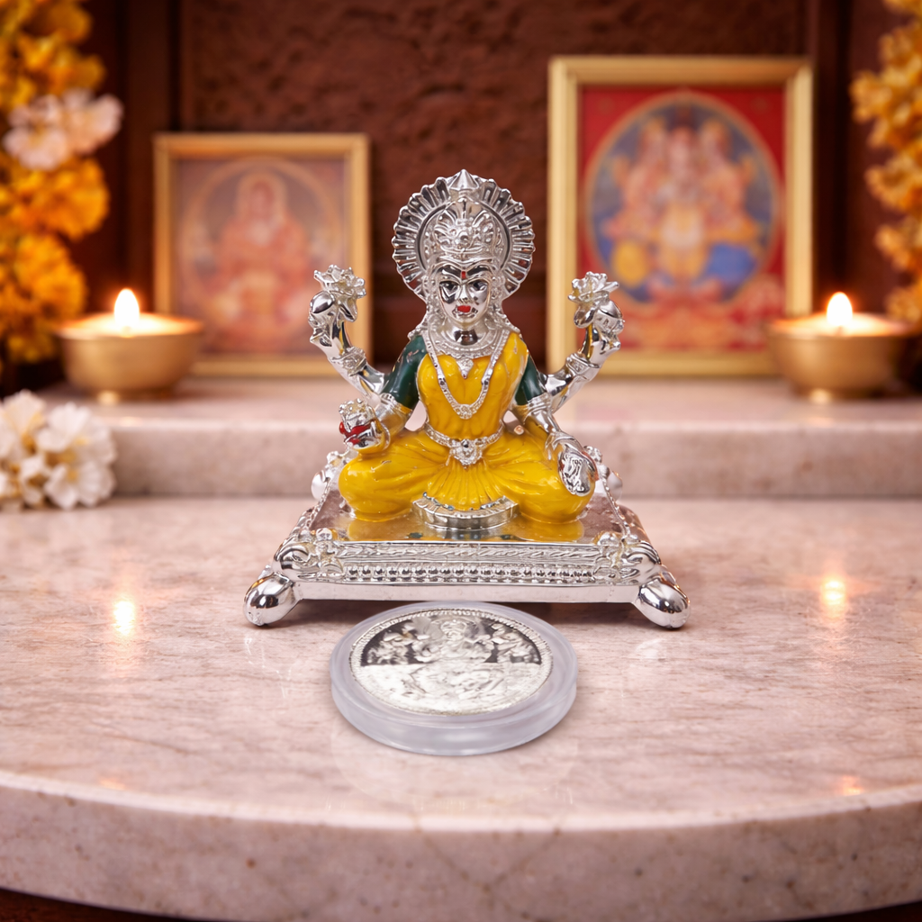Pata Laxmi Silver Plated Idol for Mandir | Yellow Enamel Color Work with Silver Plated Coin | Gold Art India