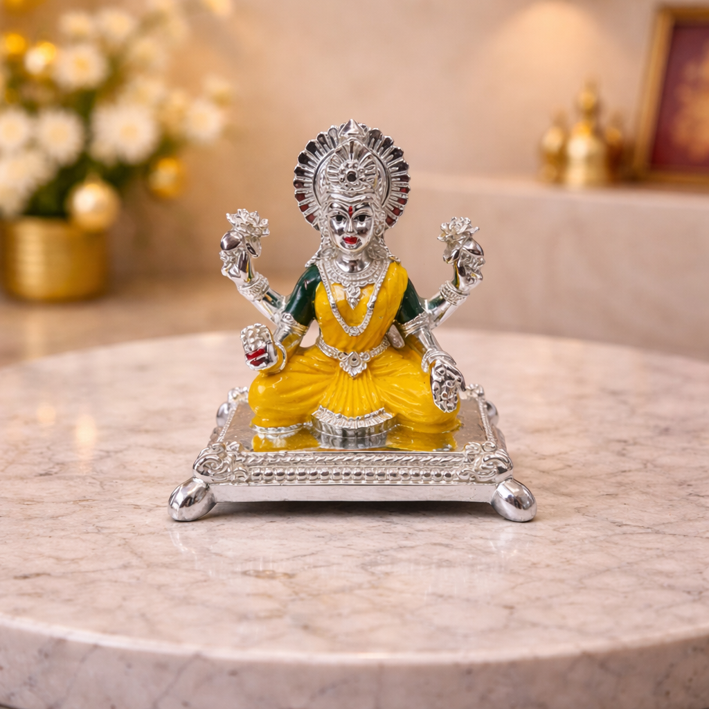 Pata Laxmi Silver Plated Idol for Mandir | Yellow Enamel Color Work with Silver Plated Coin | Gold Art India