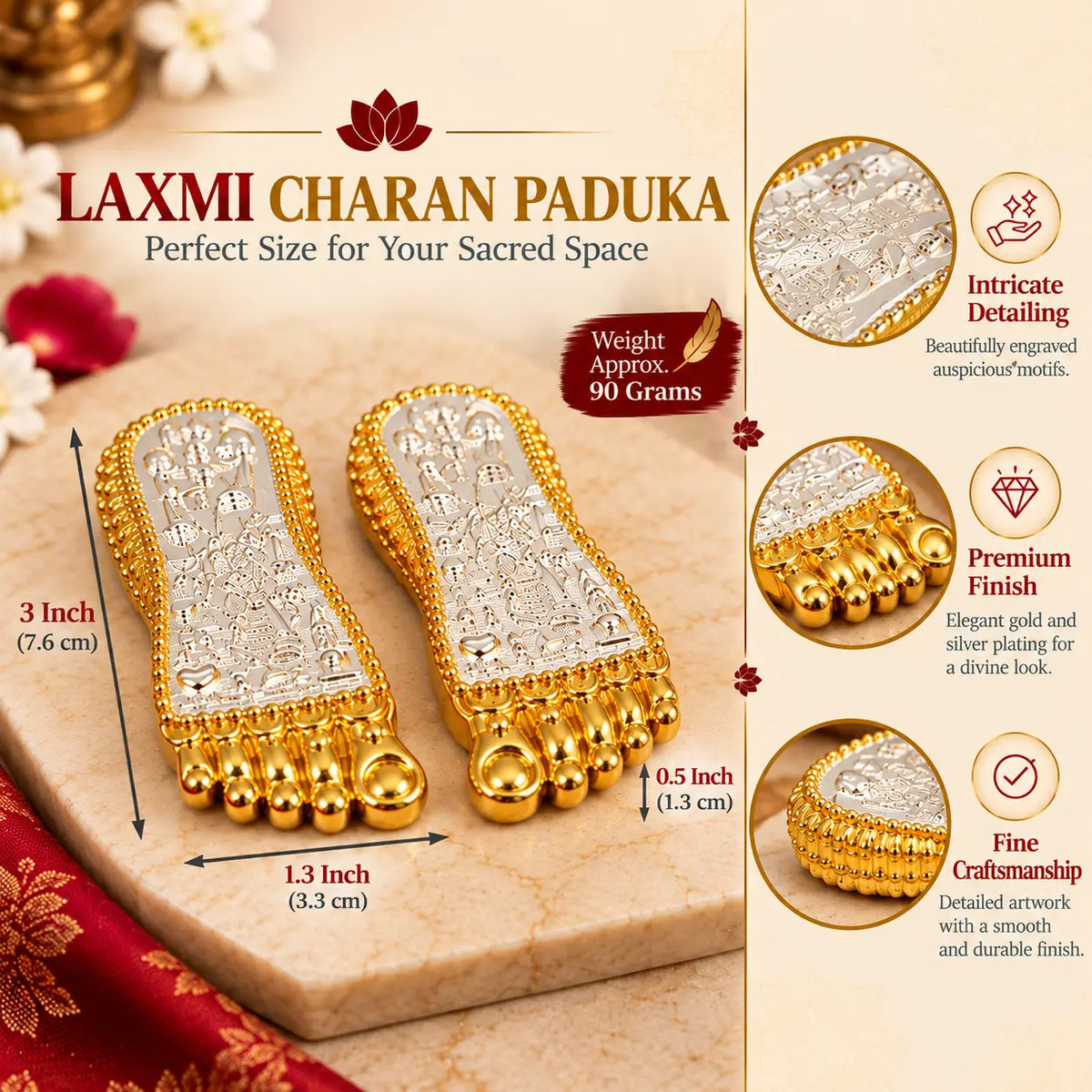 Laxmi Charan Paduka – 3 Inch Gold Silver Plated Idol for Lakshmi Puja