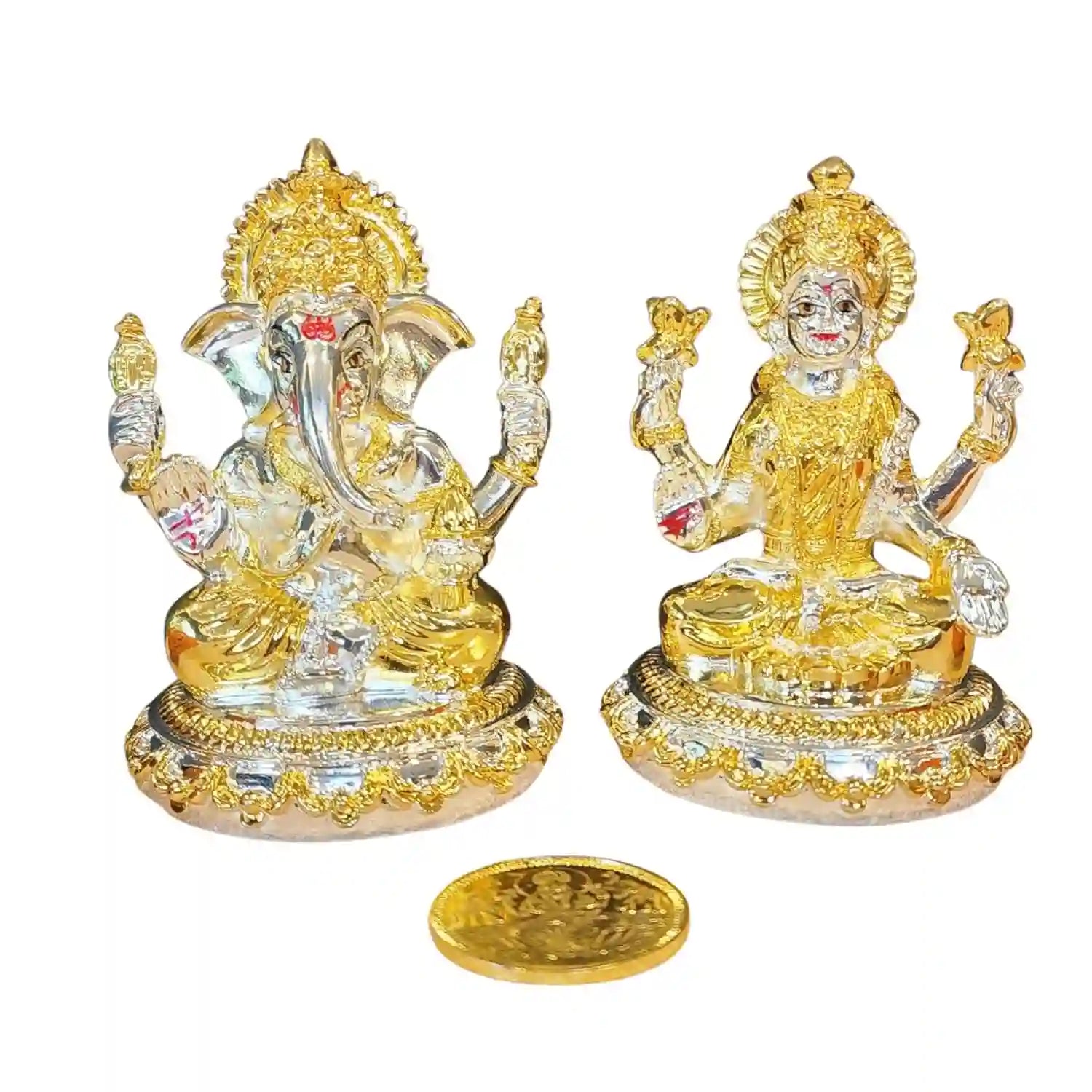 Alternate front view of Lakshmi Ganesh Gold & Silver Plated Idol set with coin, handcrafted Hindu deity statues 