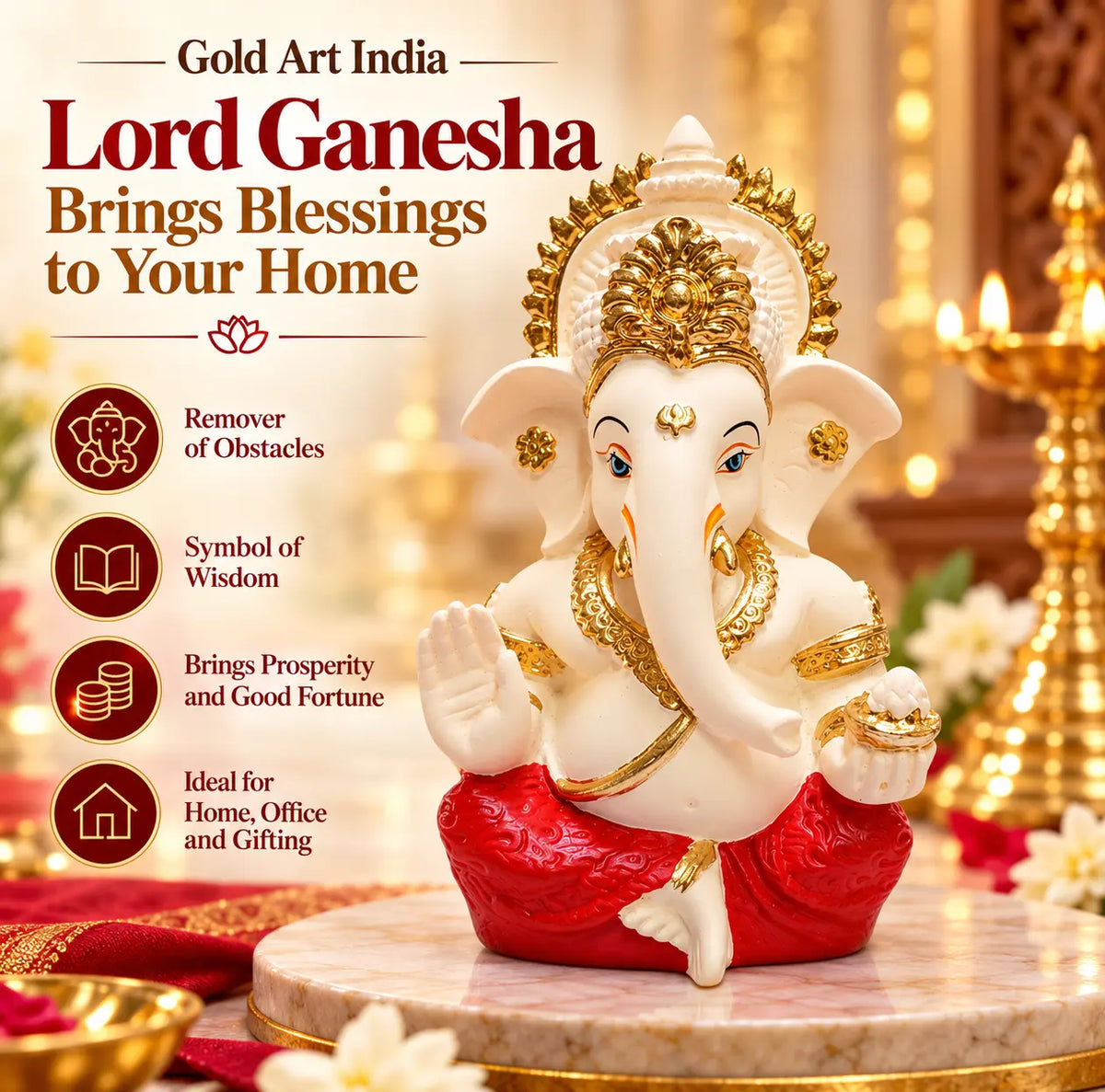 Gold Art India Lord Ganesha Idol with Golden Mukut | Peach Ivory Finish & Red Dhoti Ganpati Murti for Home Temple, Car Dashboard, Office Desk & Gifting (3.5 Inch)