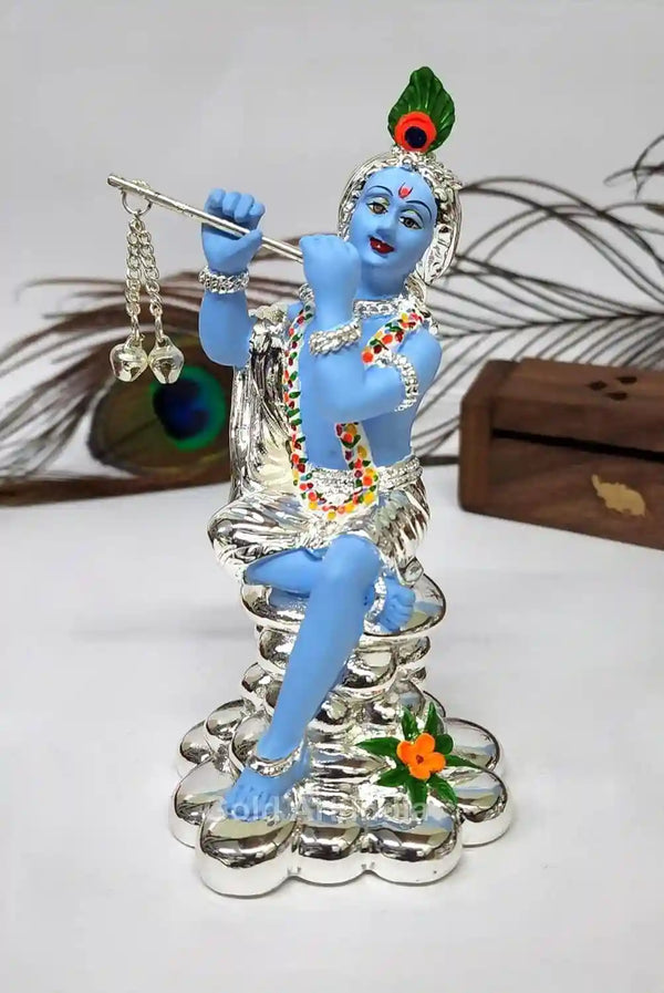 Silver-Plated Sitting Krishna Idol with Flute (5.5-Inch)