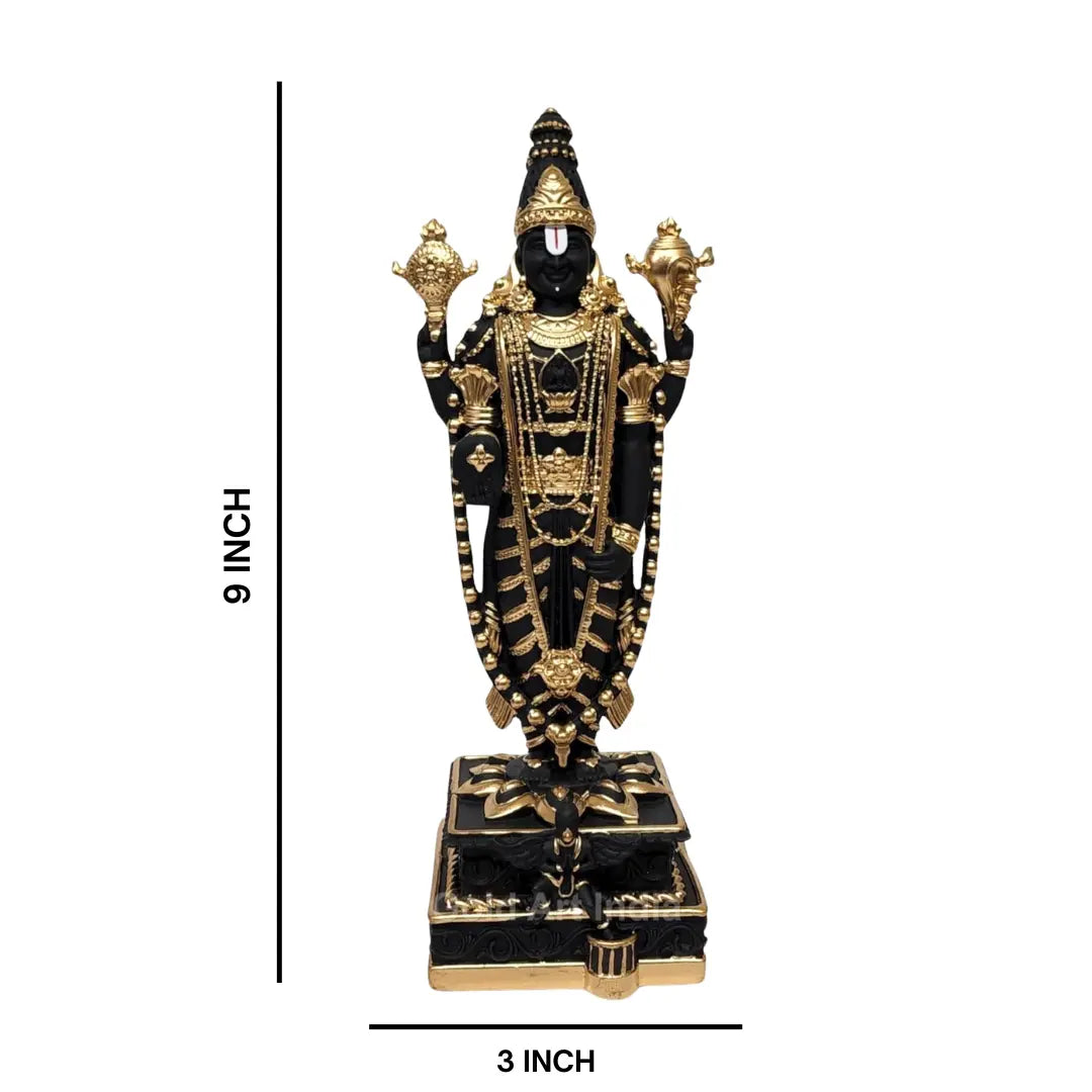Black and gold  Plated Lord Venkateshwara idol, intricately detailed with ornate jewelry and traditional symbols, standing on a decorated pedestal. dimension  9 x 3 x 3 inches