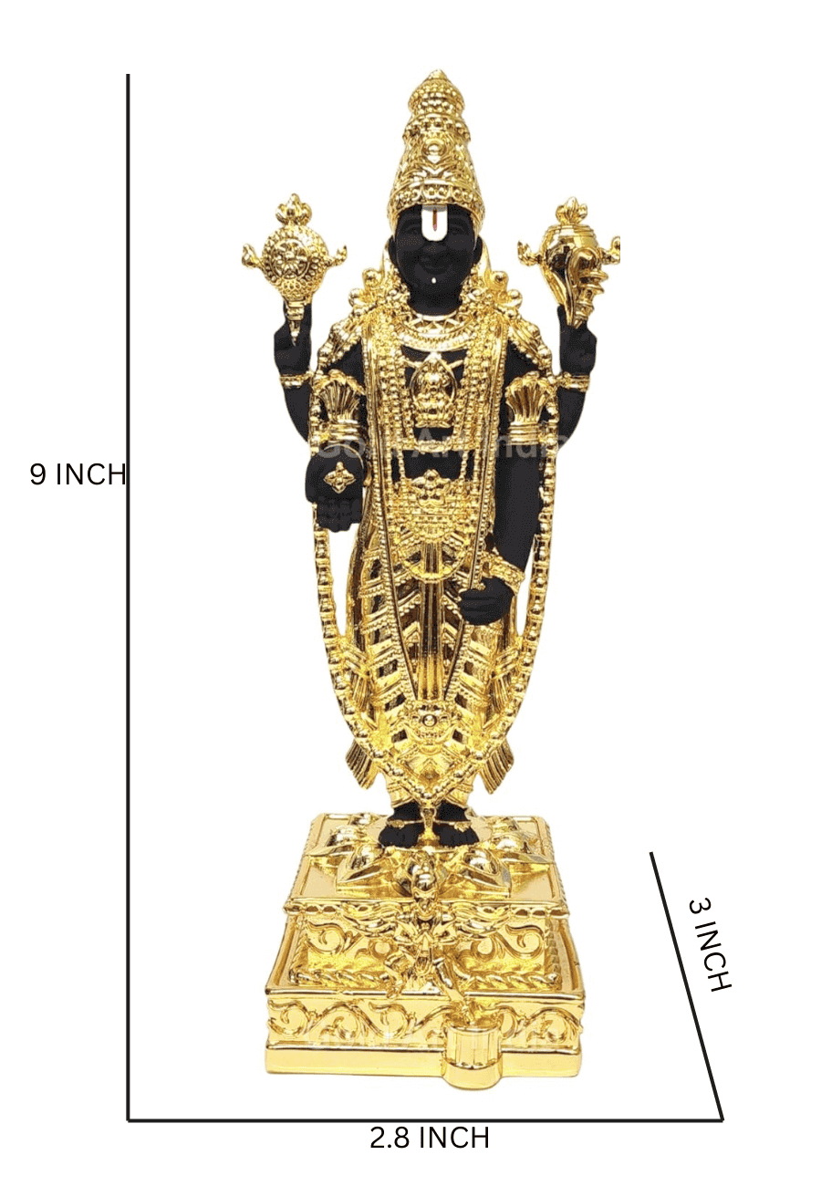 Black and gold  PlatedLord Venkateshwara idol, intricately designed with detailed golden embellishments, standing on an ornate pedestal. Dimension 9 x 2.8 x 3 inches
