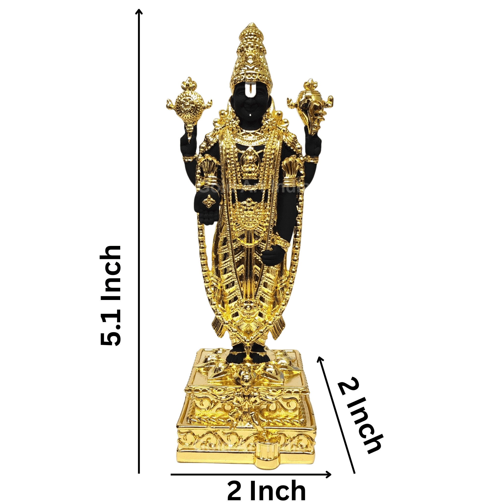 Black and gold  PlatedLord Venkateshwara idol, intricately designed with detailed golden embellishments, standing on an ornate pedestal. dimension 5.1x2x2