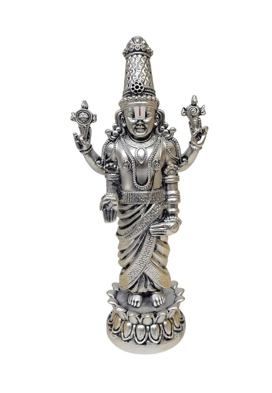 lord balaji idol silver plated antique matte finish . intricate crafted ornaments and standing on Lotus Flower 