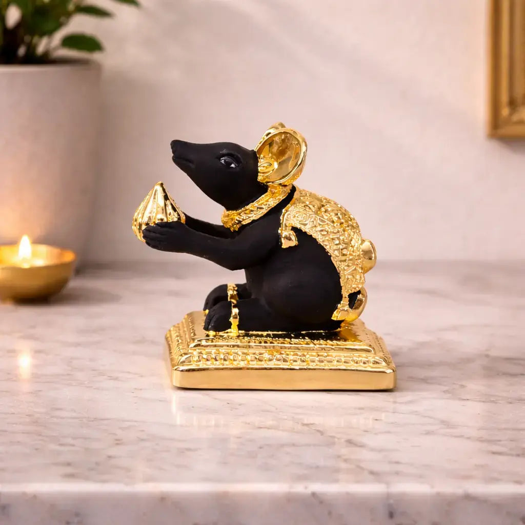 Gold-Plated Mushak (Mooshak) Mouse Idol with Modak | Black Terracotta Finish | Ganesha Vahana