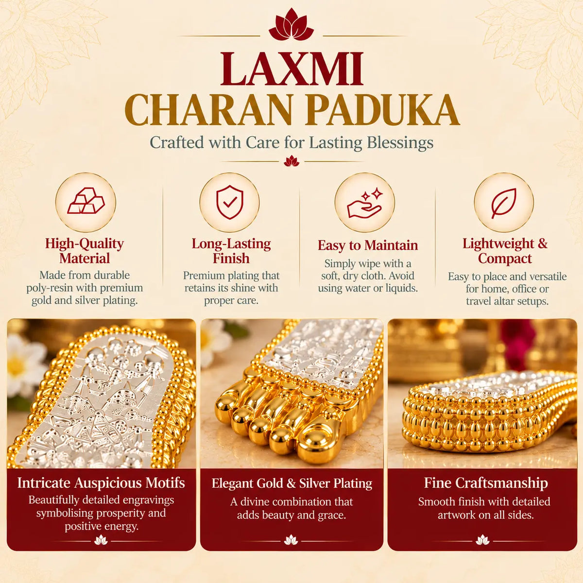 Laxmi Charan Paduka – 3 Inch Gold Silver Plated Idol for Lakshmi Puja