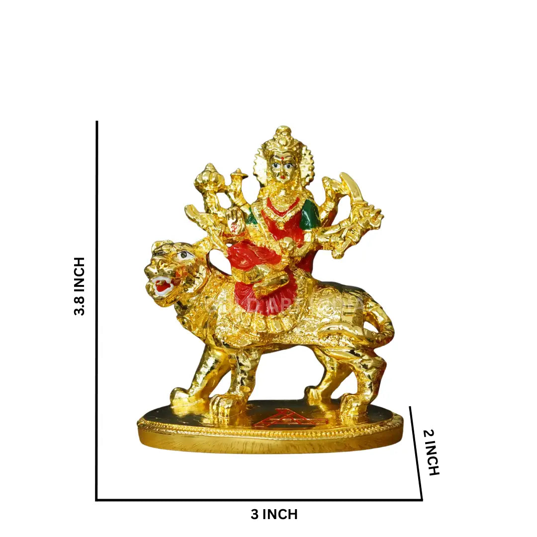 Gold Plated Maa Durga Idol riding lion with red enamel attire – handcrafted Hindu deity statue, dimensions 3.8 × 3 × 2 inch | Gold Art India