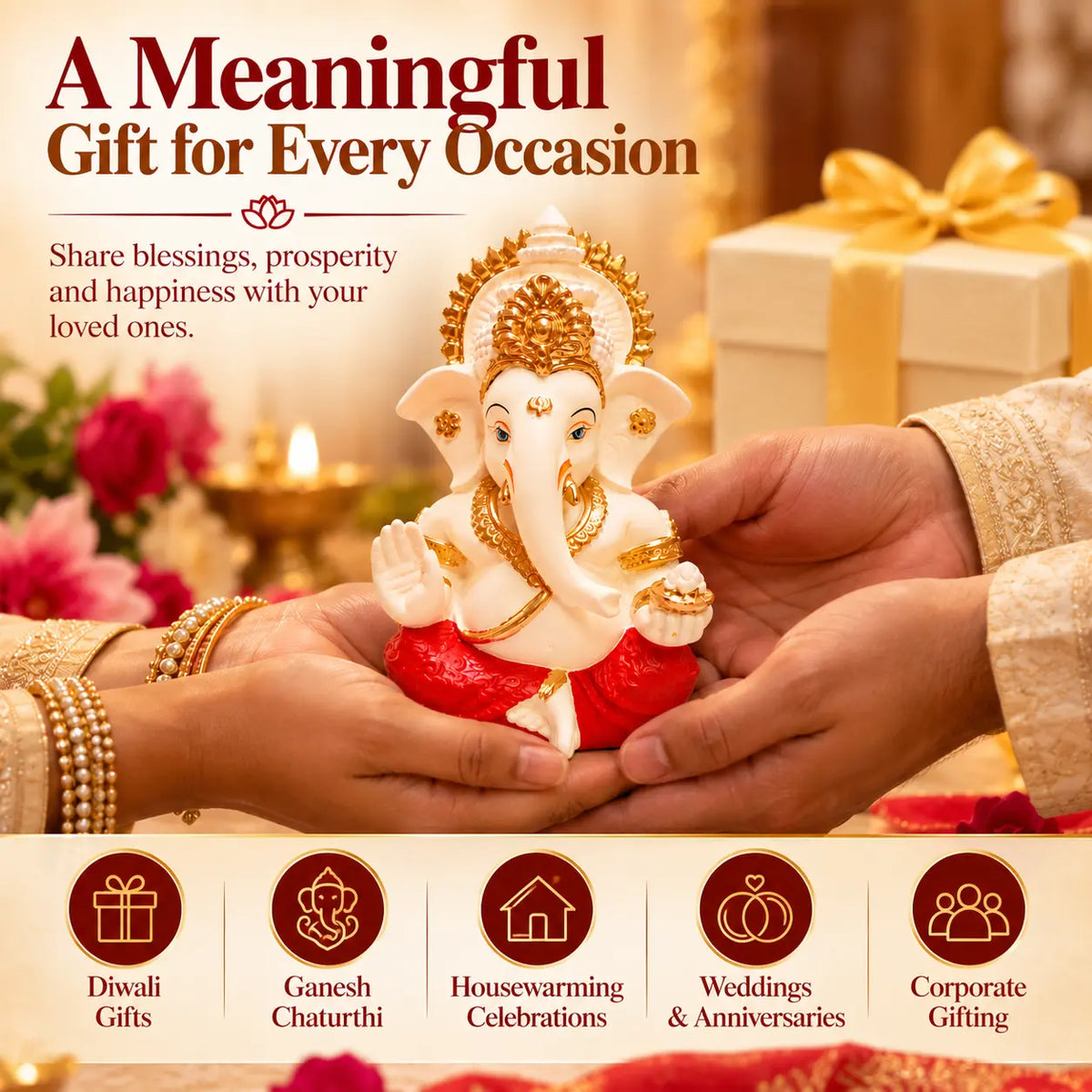 Gold Art India Lord Ganesha Idol with Golden Mukut | Peach Ivory Finish & Red Dhoti Ganpati Murti for Home Temple, Car Dashboard, Office Desk & Gifting (3.5 Inch)