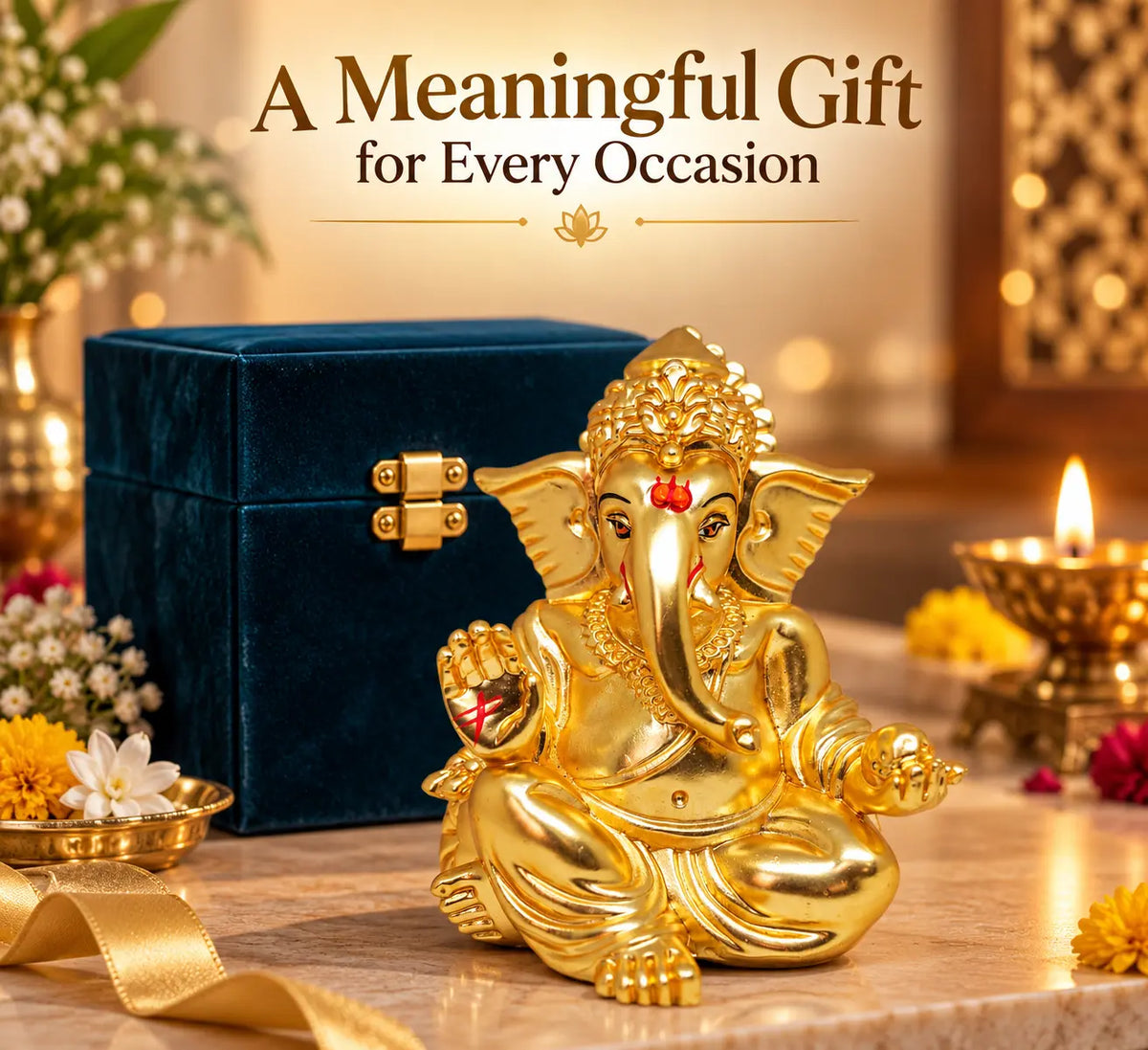Gold Art India Gaddi Ganesha Gold Plated Matte Finish Idol with Premium Peacock Green Velvet Gift Box