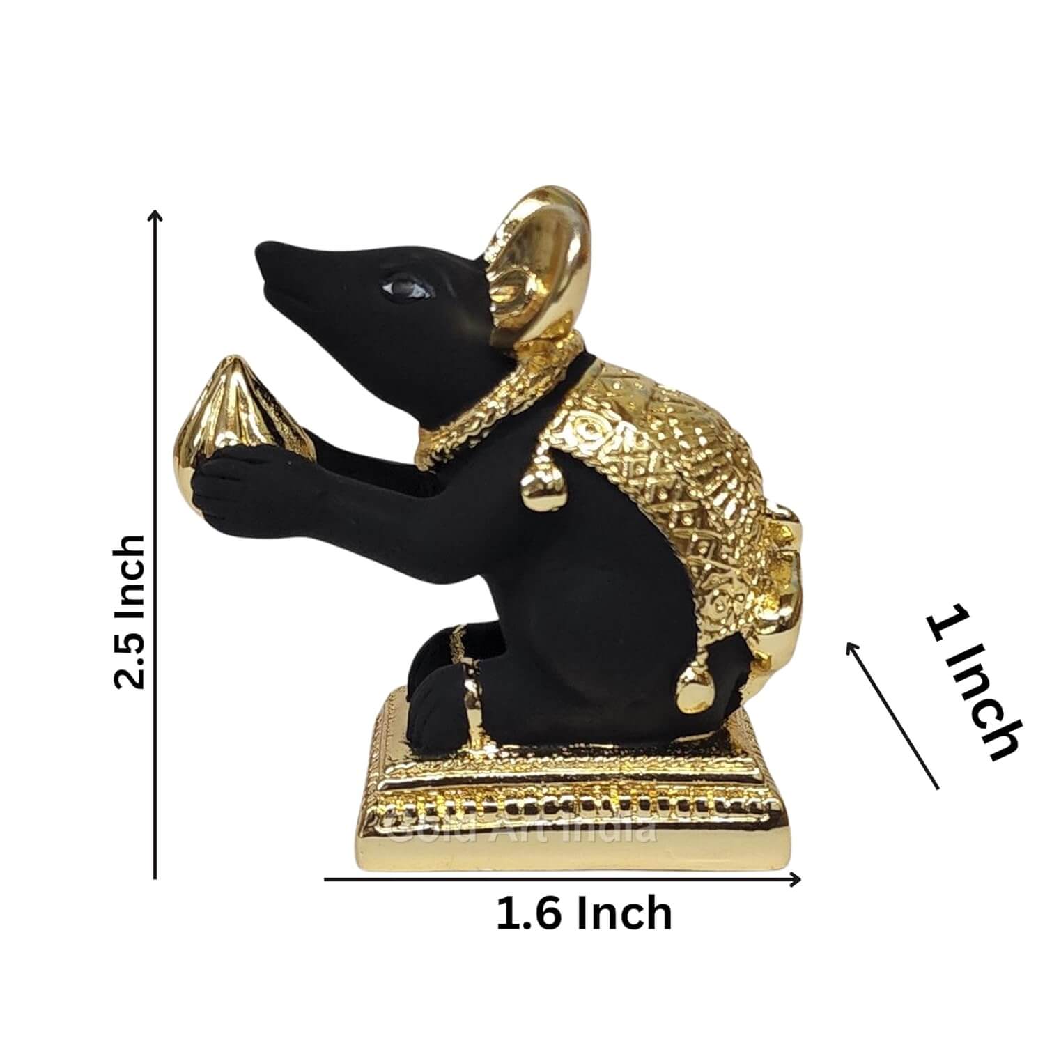 Gold-plated & Black Terracotta Mushak rat idol with intricate carvings, sitting on a decorative base, holding a modak offering in its paws