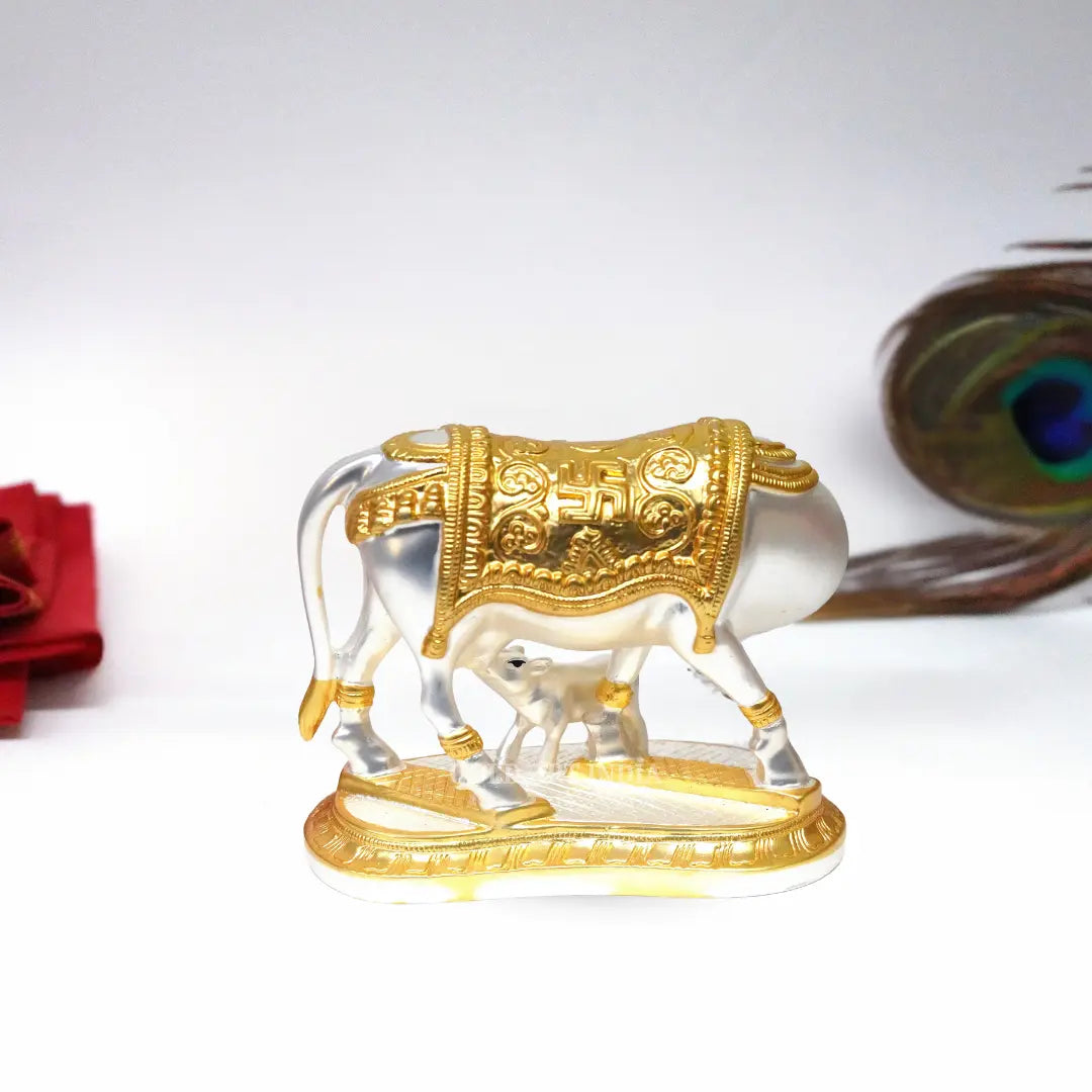 Back View of gold-plated horns and fine craftsmanship on Kamdhenu cow idol
